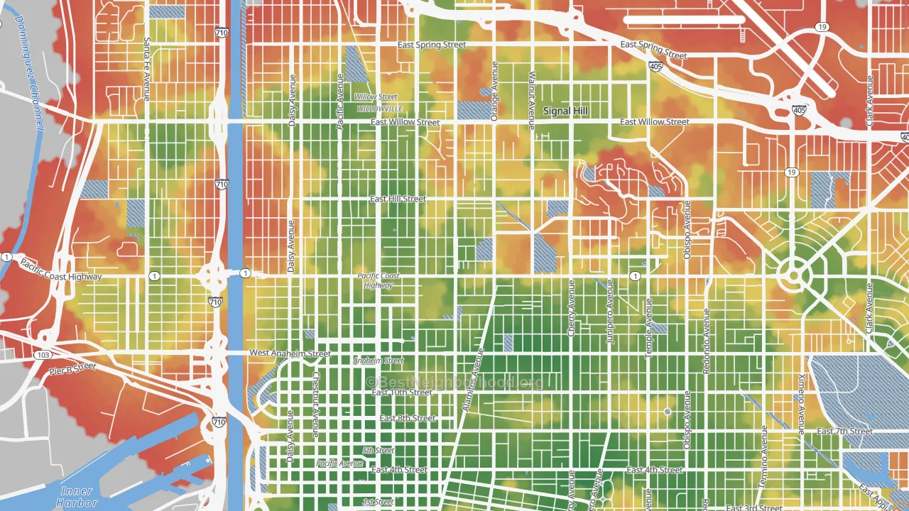 Walk Grade map of Poly High District, Long Beach, CA, walkable areas in green and car-dependent areas in red