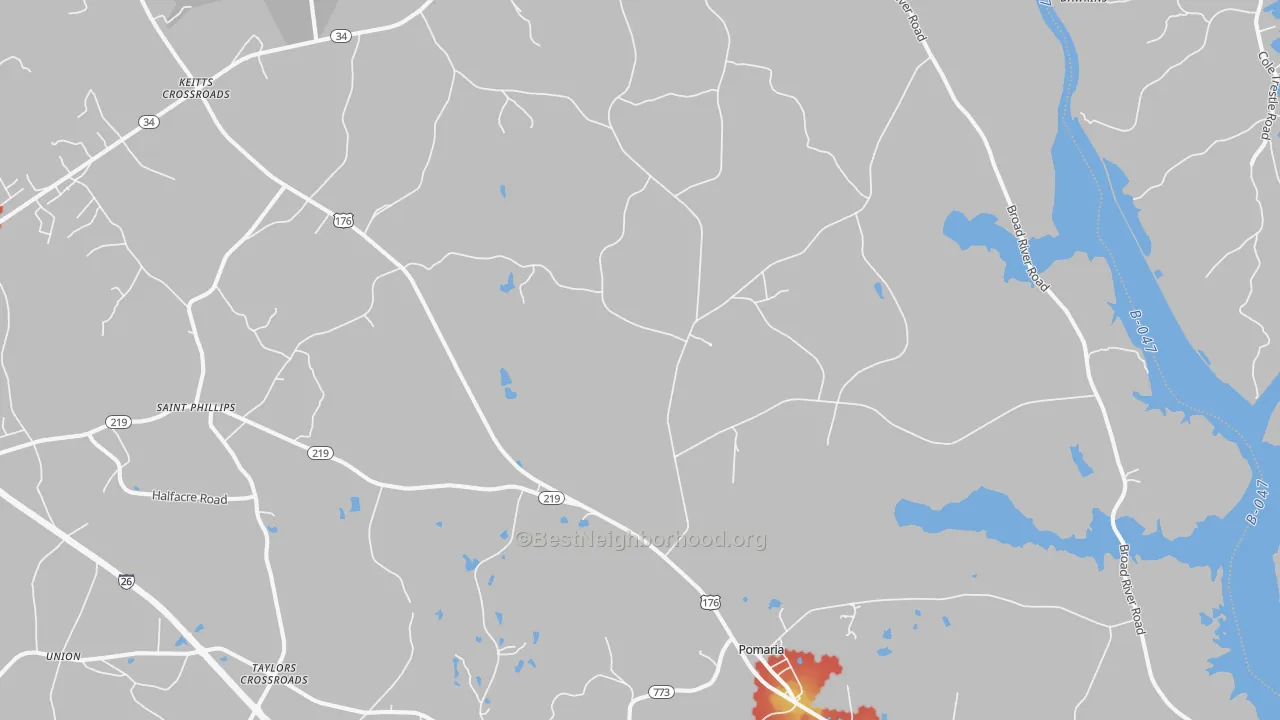 Walk Grade map of Pomaria, SC, walkable areas in green and car-dependent areas in red