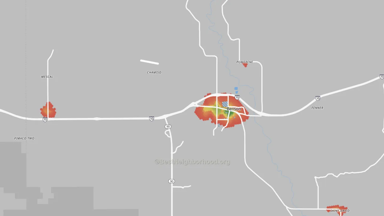 Walk Grade map of Pomerene, AZ, walkable areas in green and car-dependent areas in red