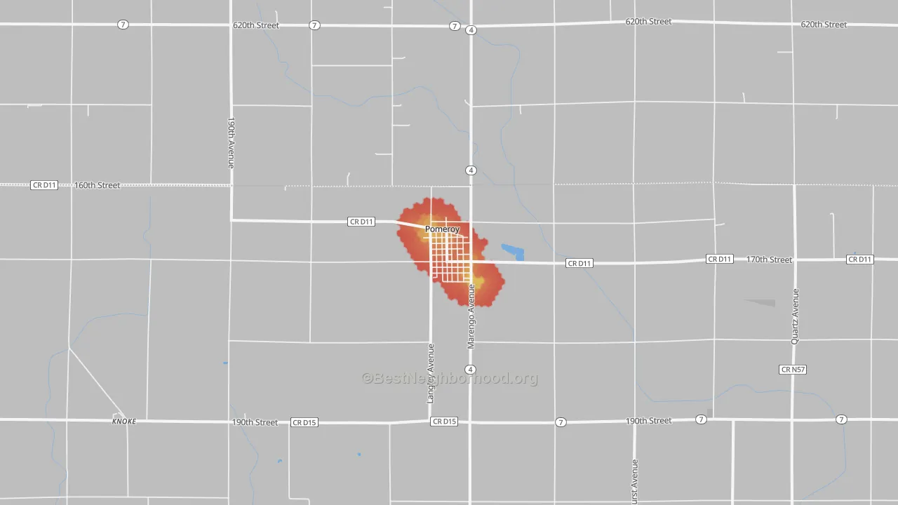 Walk Grade map of Pomeroy, IA, walkable areas in green and car-dependent areas in red