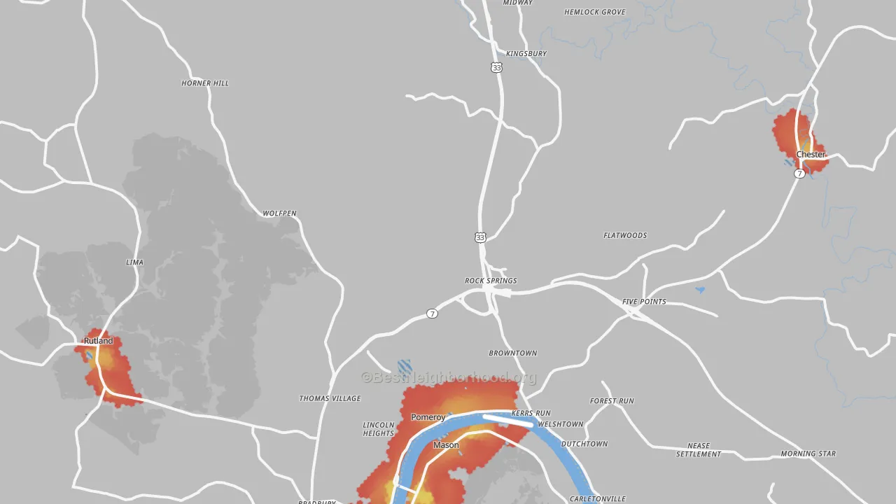 Walk Grade map of Pomeroy, OH, walkable areas in green and car-dependent areas in red