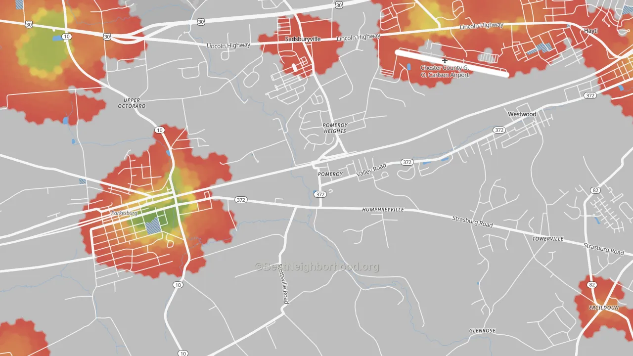 Walk Grade map of Pomeroy, PA, walkable areas in green and car-dependent areas in red