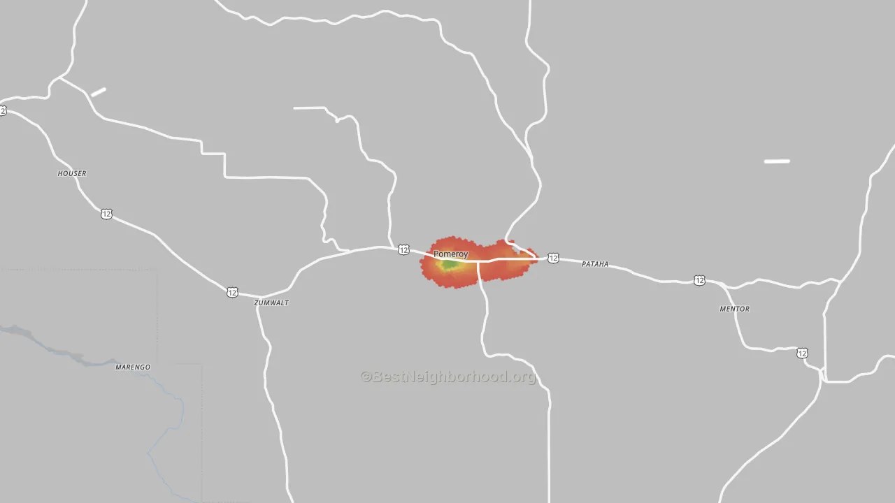 Walk Grade map of Pomeroy, WA, walkable areas in green and car-dependent areas in red