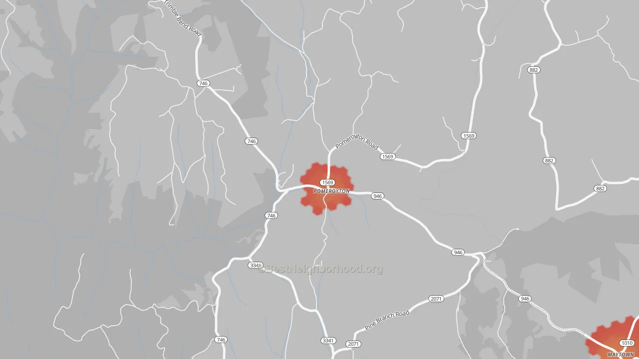 Walk Grade map of Pomeroyton, KY, walkable areas in green and car-dependent areas in red