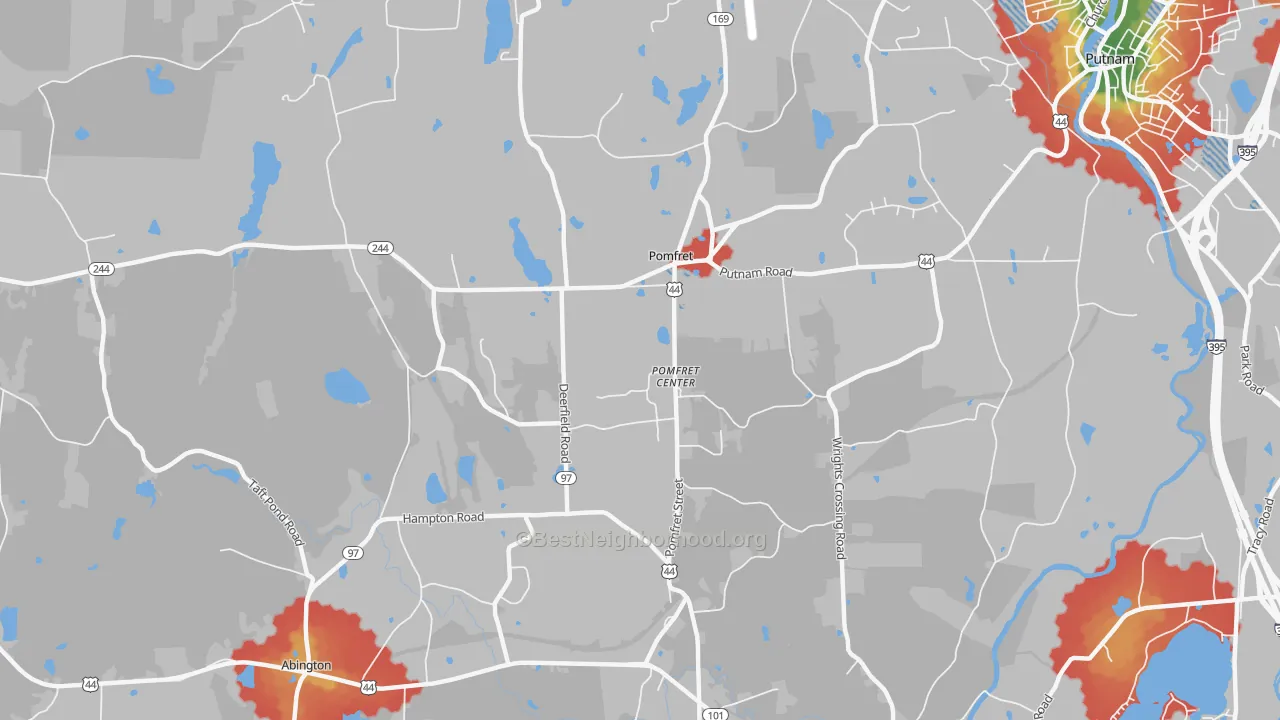 Walk Grade map of Pomfret, CT, walkable areas in green and car-dependent areas in red