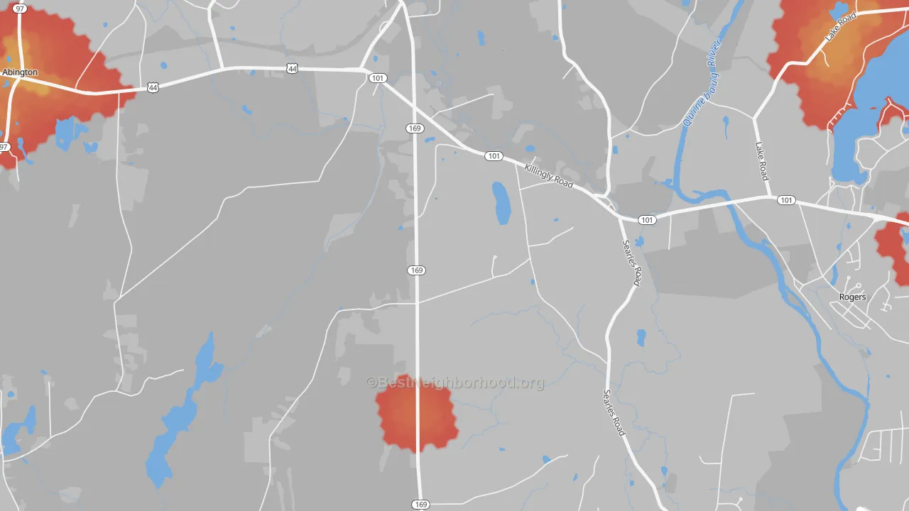 Walk Grade map of Pomfret Landing, CT, walkable areas in green and car-dependent areas in red