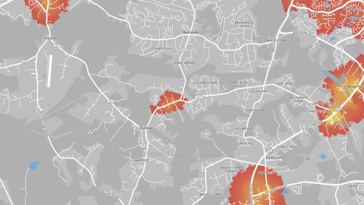 Walk Grade map of Pomfret, MD, walkable areas in green and car-dependent areas in red