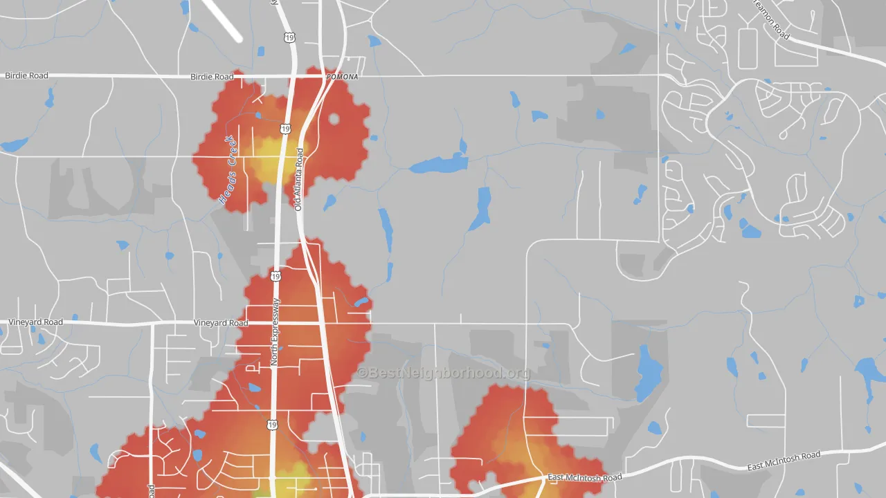Walk Grade map of Pomona, GA, walkable areas in green and car-dependent areas in red