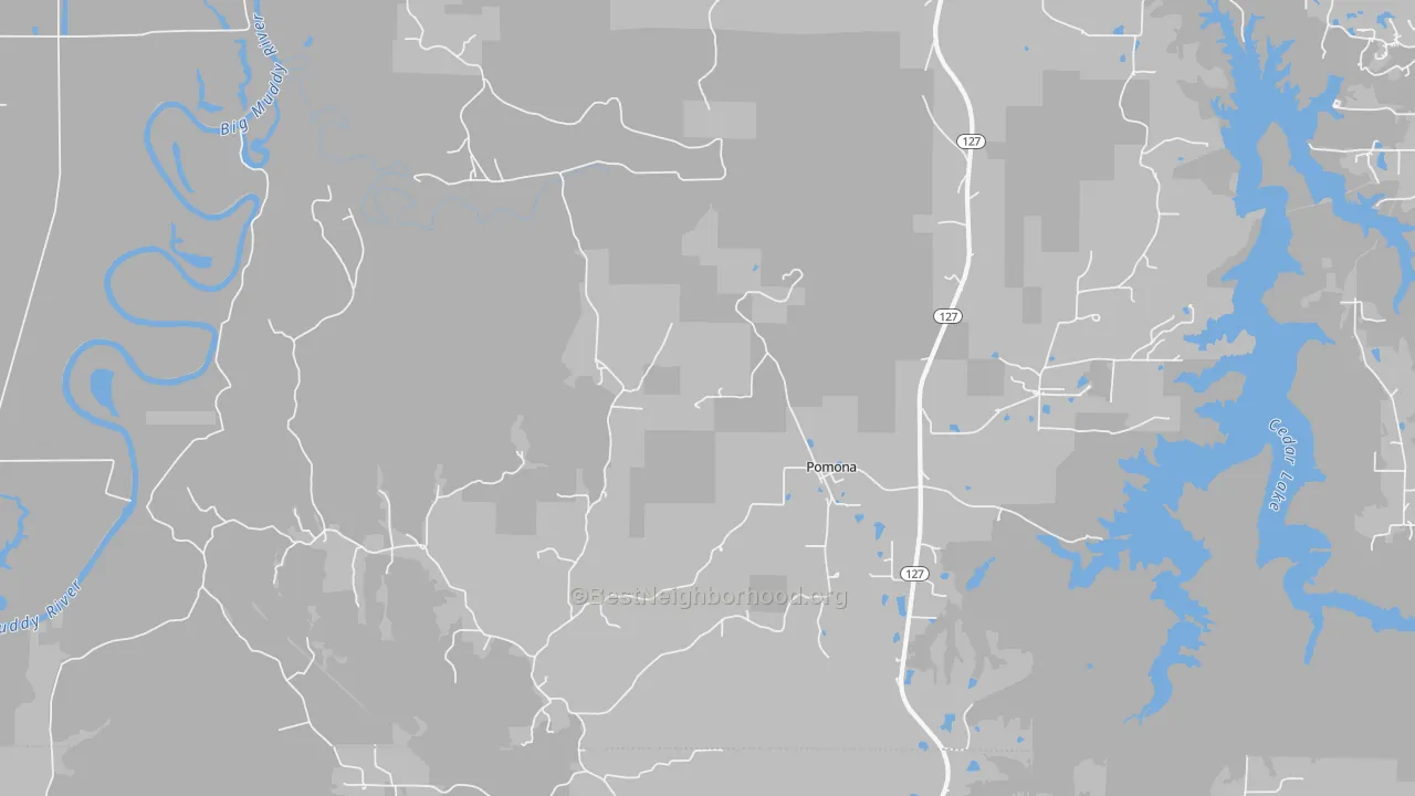 Walk Grade map of Pomona, IL, walkable areas in green and car-dependent areas in red