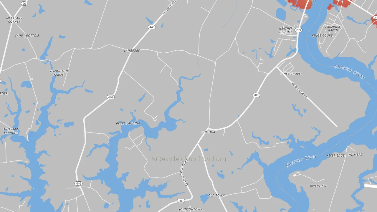 Walk Grade map of Pomona, MD, walkable areas in green and car-dependent areas in red
