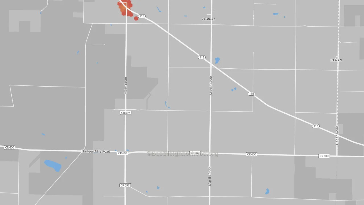 Walk Grade map of Pomona, MI, walkable areas in green and car-dependent areas in red