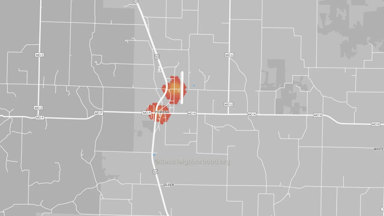 Walk Grade map of Pomona, MO, walkable areas in green and car-dependent areas in red