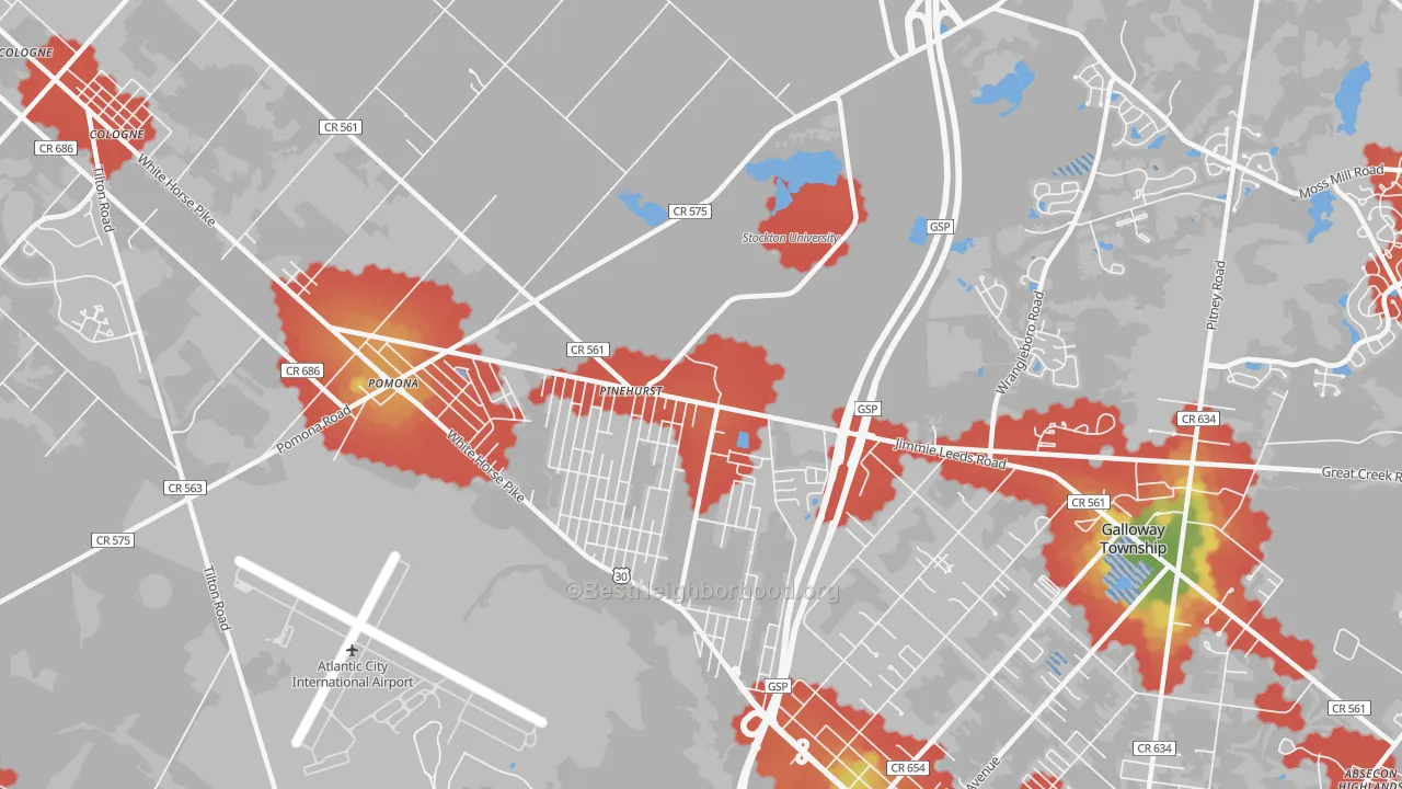 Walk Grade map of Pomona, NJ, walkable areas in green and car-dependent areas in red