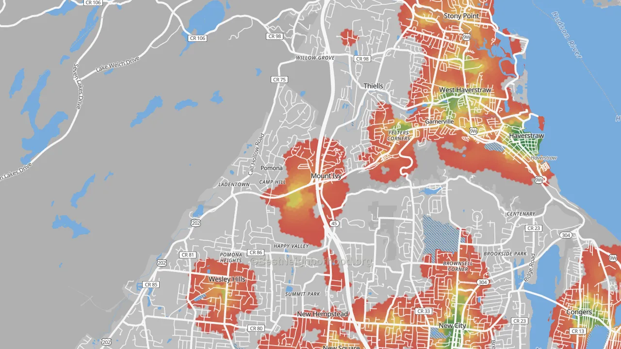 Walk Grade map of Pomona, NY, walkable areas in green and car-dependent areas in red