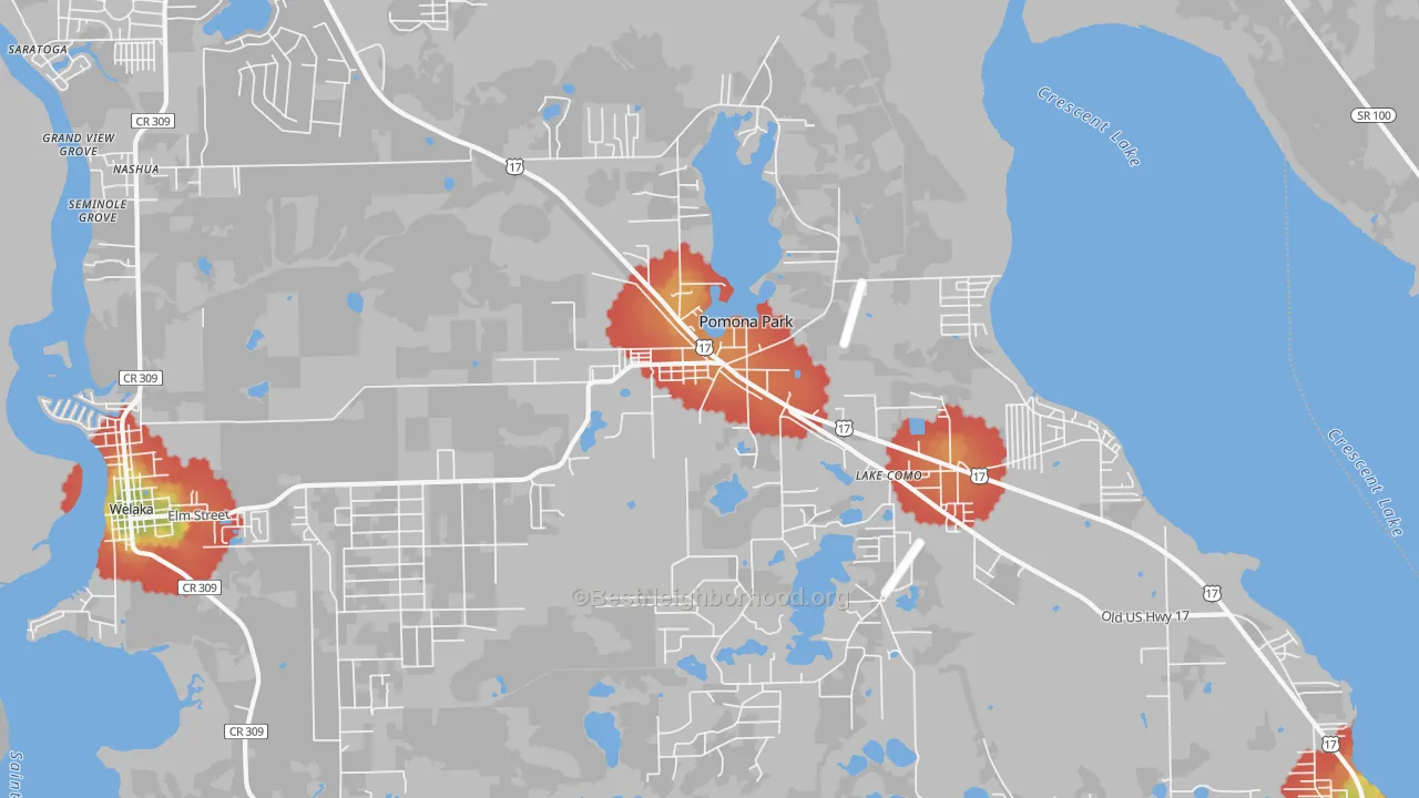 Walk Grade map of Pomona Park, FL, walkable areas in green and car-dependent areas in red