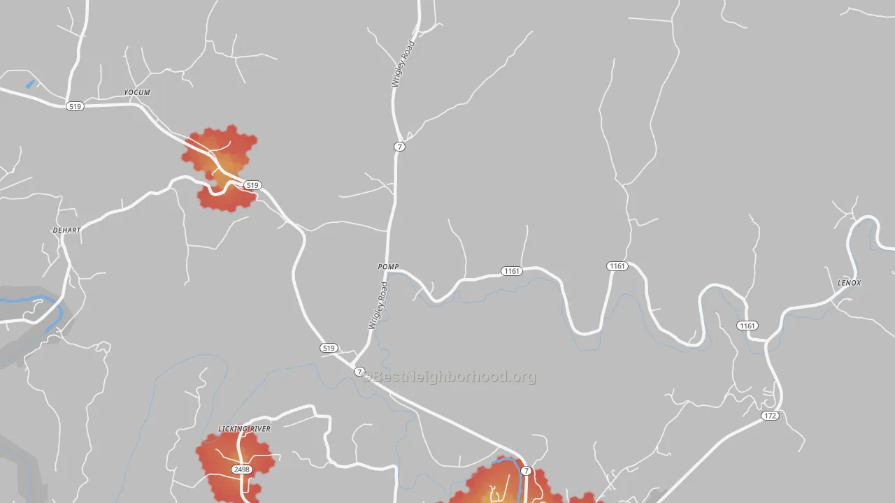 Walk Grade map of Pomp, KY, walkable areas in green and car-dependent areas in red