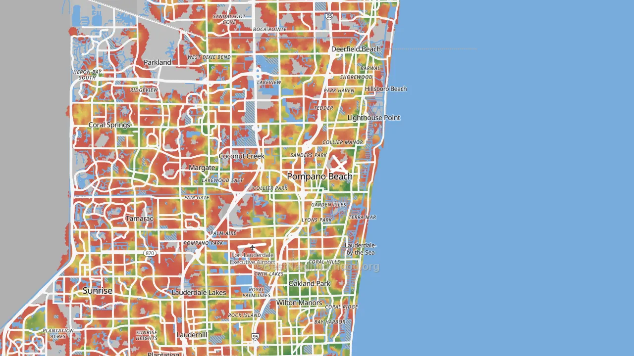 Walk Grade map of Pompano Beach, FL, walkable areas in green and car-dependent areas in red