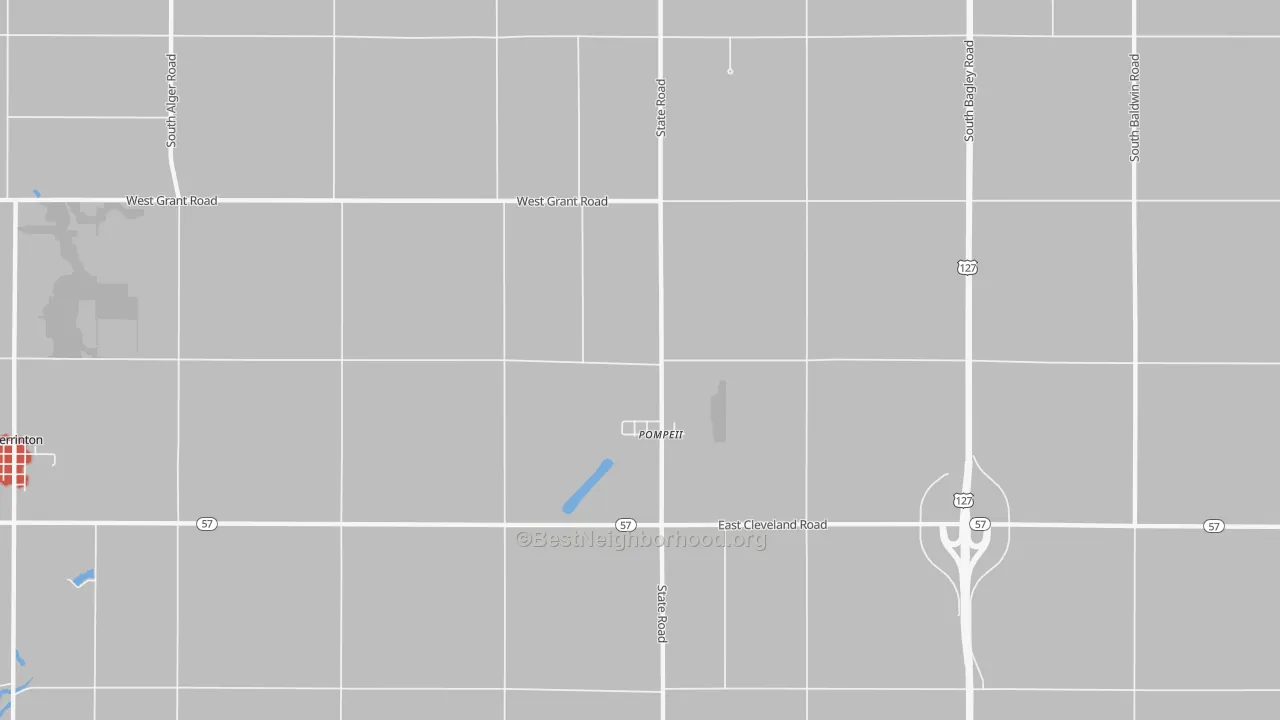 Walk Grade map of Pompeii, MI, walkable areas in green and car-dependent areas in red