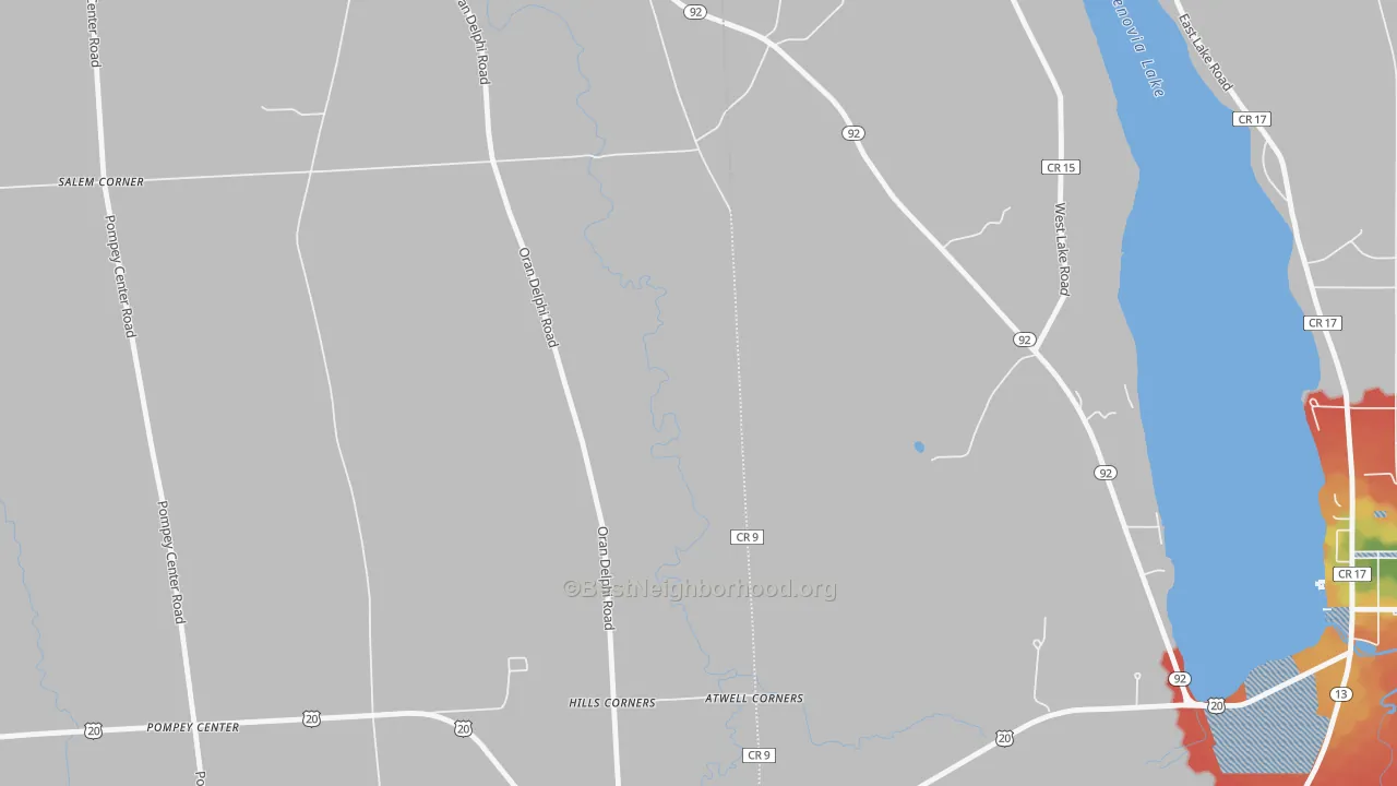 Walk Grade map of Pompey Center, NY, walkable areas in green and car-dependent areas in red