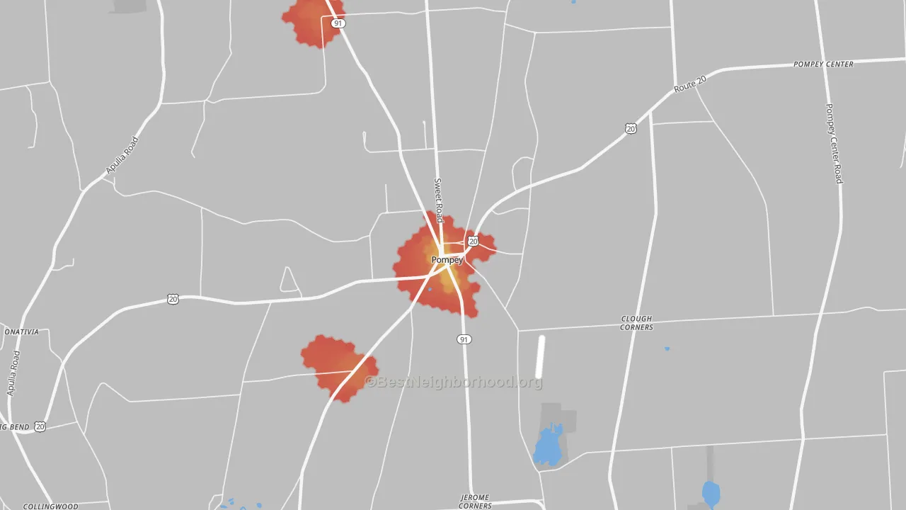 Walk Grade map of Pompey, NY, walkable areas in green and car-dependent areas in red