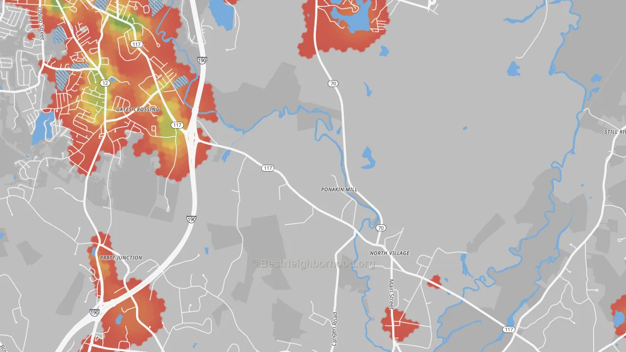 Walk Grade map of Ponakin Mill, MA, walkable areas in green and car-dependent areas in red