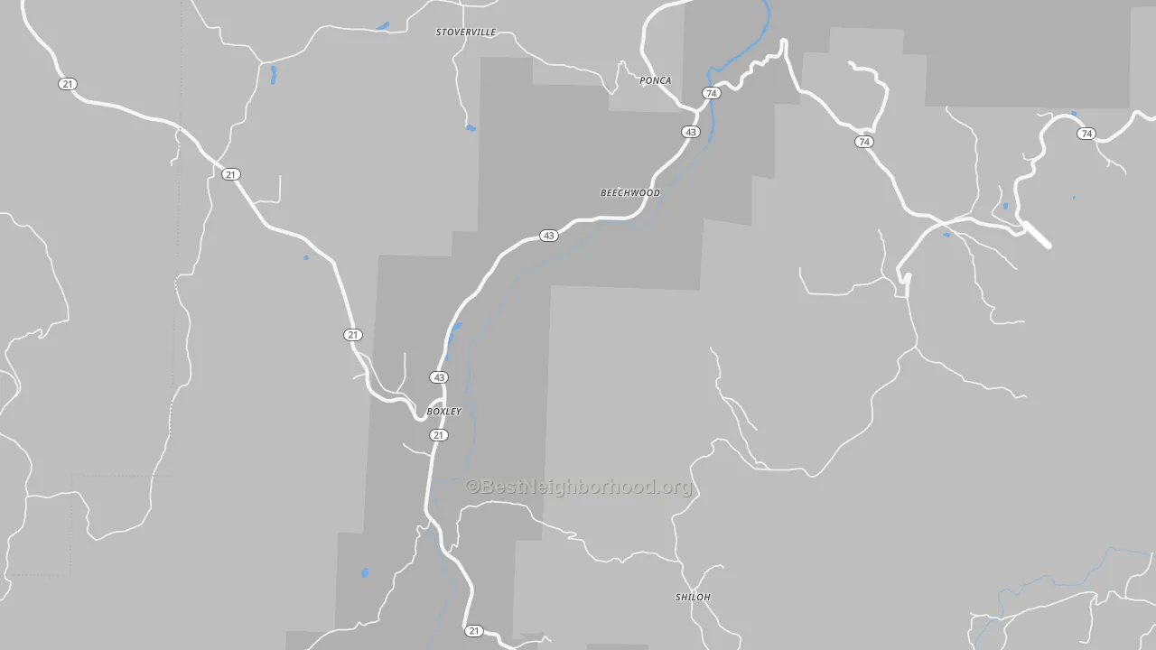 Walk Grade map of Ponca, AR, walkable areas in green and car-dependent areas in red