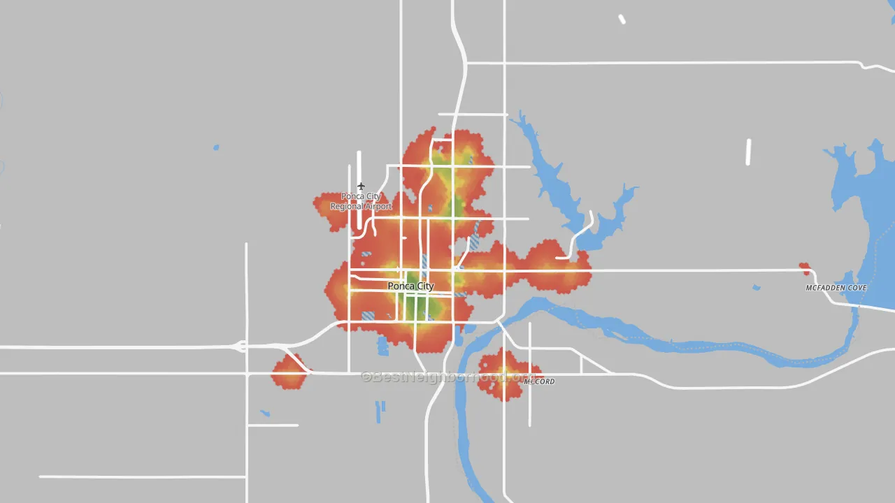 Walk Grade map of Ponca City, OK, walkable areas in green and car-dependent areas in red