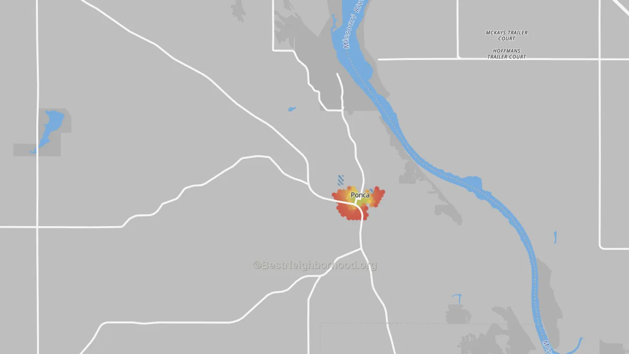 Walk Grade map of Ponca, NE, walkable areas in green and car-dependent areas in red