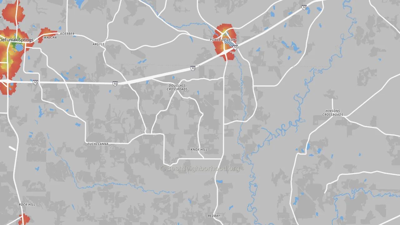 Walk Grade map of Ponce de Leon, FL, walkable areas in green and car-dependent areas in red