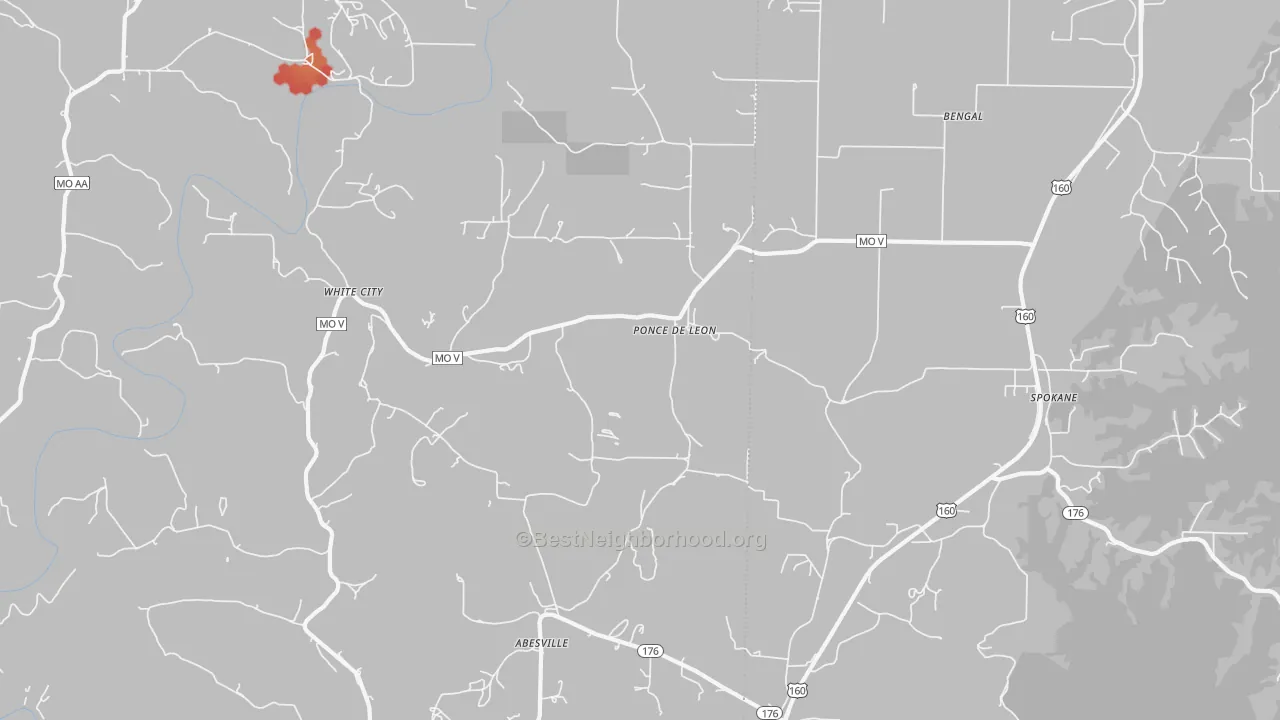 Walk Grade map of Ponce De Leon, MO, walkable areas in green and car-dependent areas in red