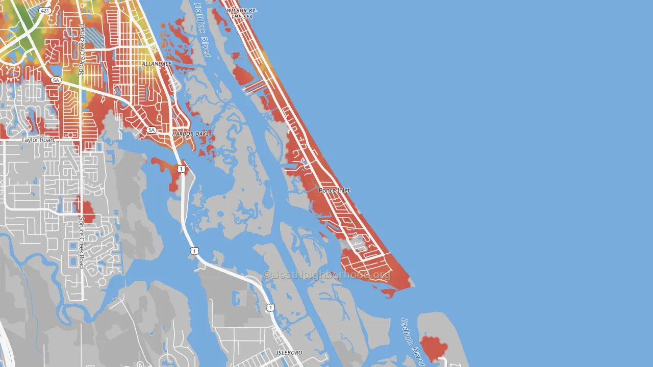 Walk Grade map of Ponce Inlet, FL, walkable areas in green and car-dependent areas in red