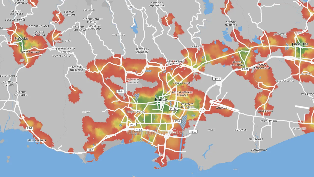 Walk Grade map of Ponce Municipio, PR, walkable areas in green and car-dependent areas in red