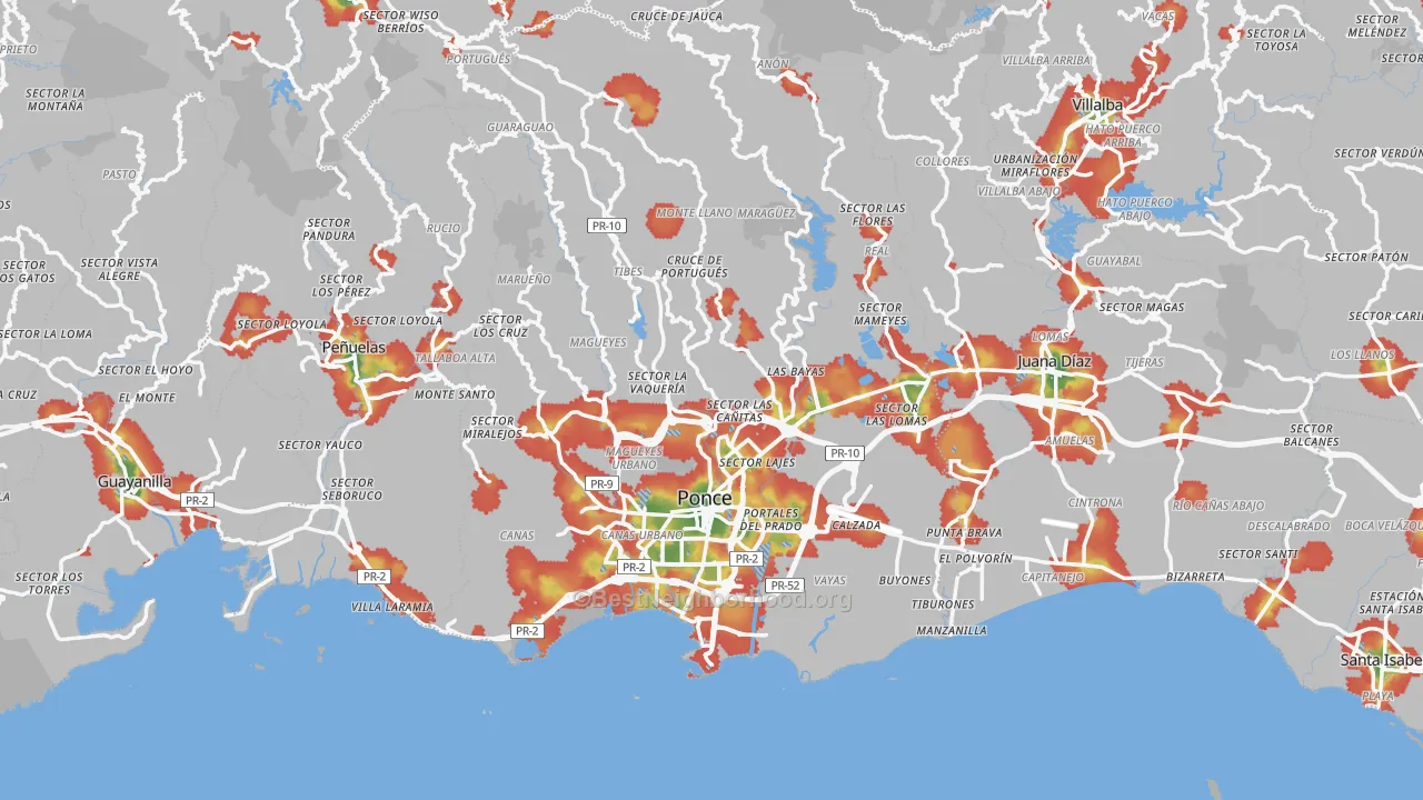 Walk Grade map of Ponce, PR, walkable areas in green and car-dependent areas in red