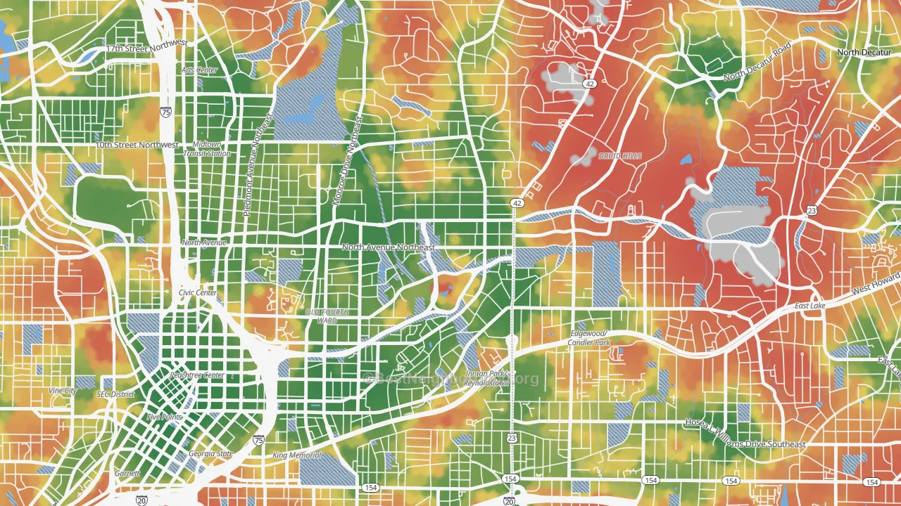 Walk Grade map of Poncey-Highland, Atlanta, GA, walkable areas in green and car-dependent areas in red