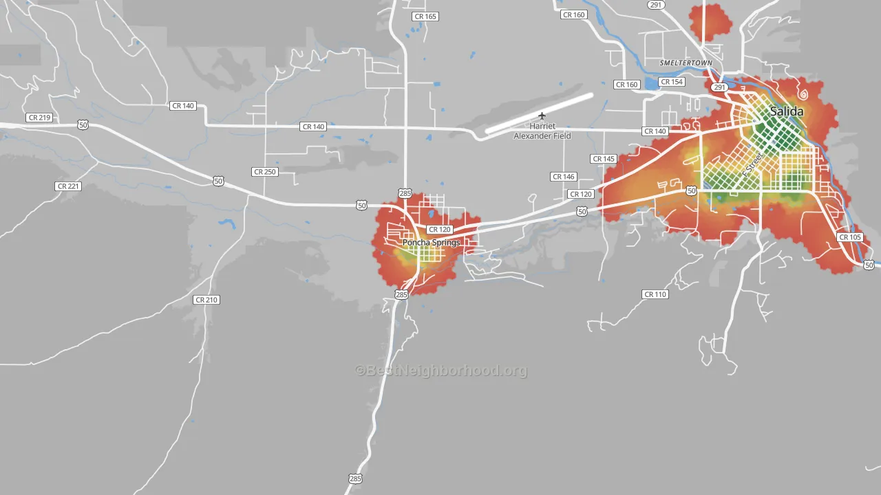Walk Grade map of Poncha Springs, CO, walkable areas in green and car-dependent areas in red