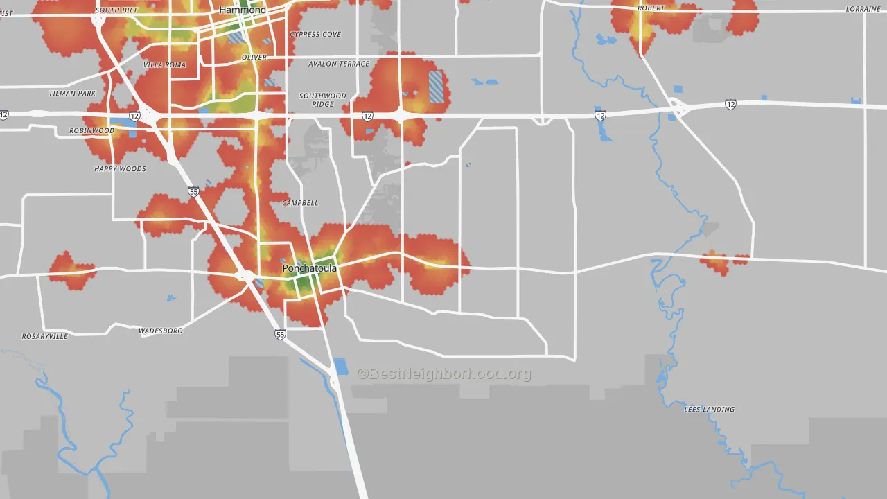 Walk Grade map of Ponchatoula, LA, walkable areas in green and car-dependent areas in red