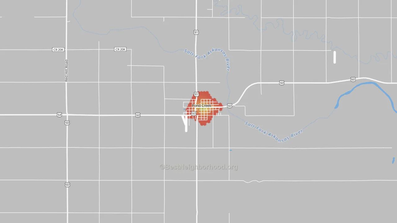 Walk Grade map of Pond Creek, OK, walkable areas in green and car-dependent areas in red