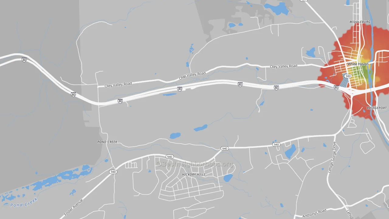 Walk Grade map of Pond Creek, PA, walkable areas in green and car-dependent areas in red