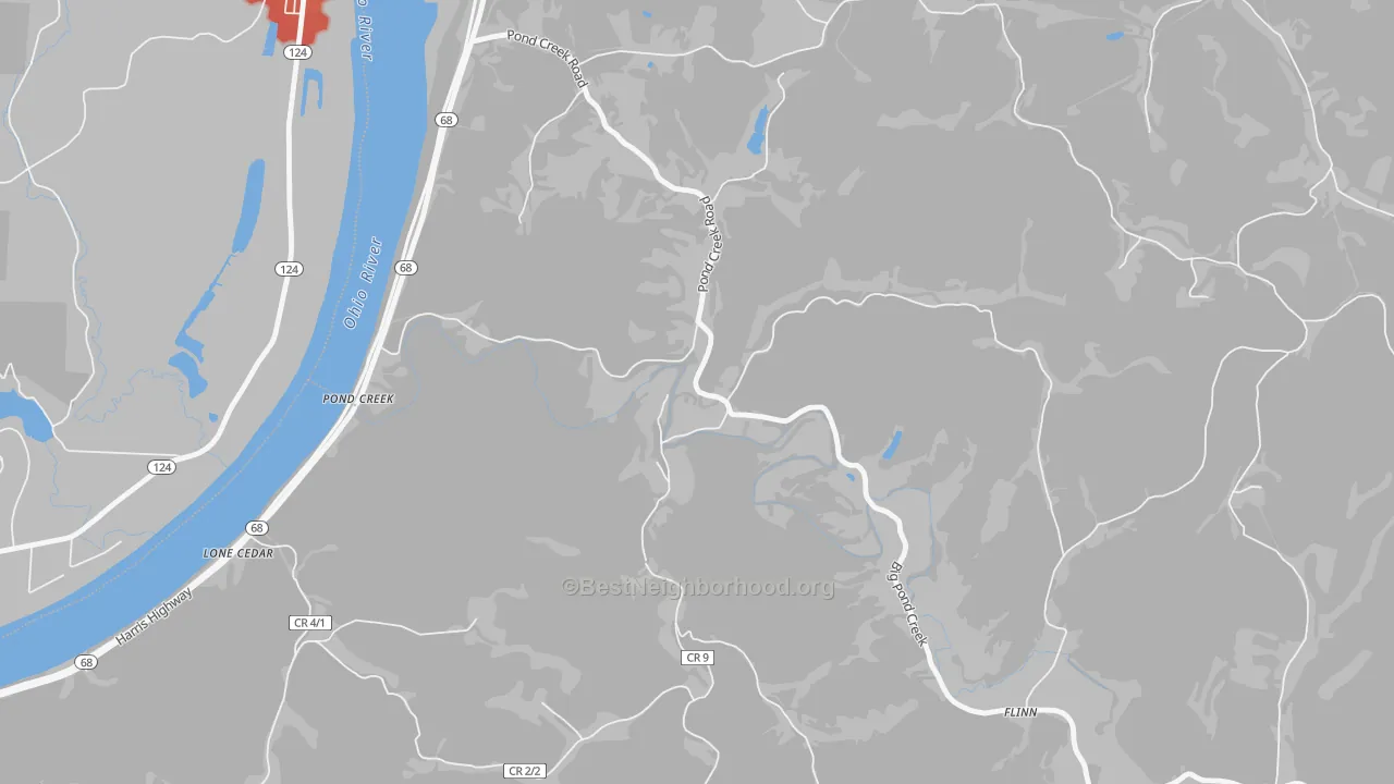 Walk Grade map of Pond Creek, WV, walkable areas in green and car-dependent areas in red