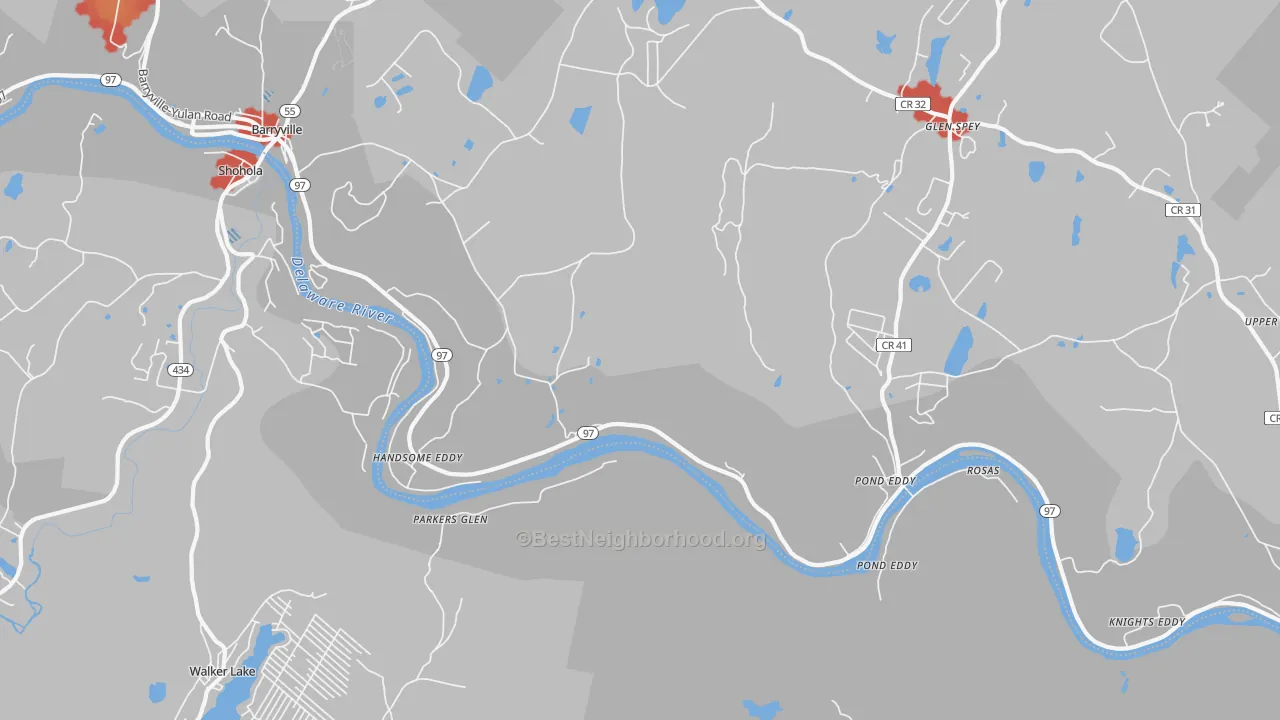Walk Grade map of Pond Eddy, NY, walkable areas in green and car-dependent areas in red