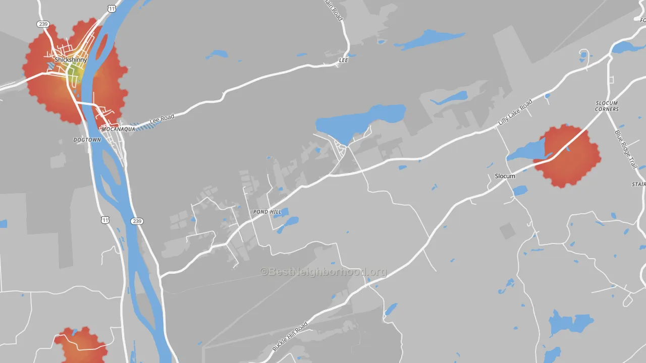 Walk Grade map of Pond Hill, PA, walkable areas in green and car-dependent areas in red
