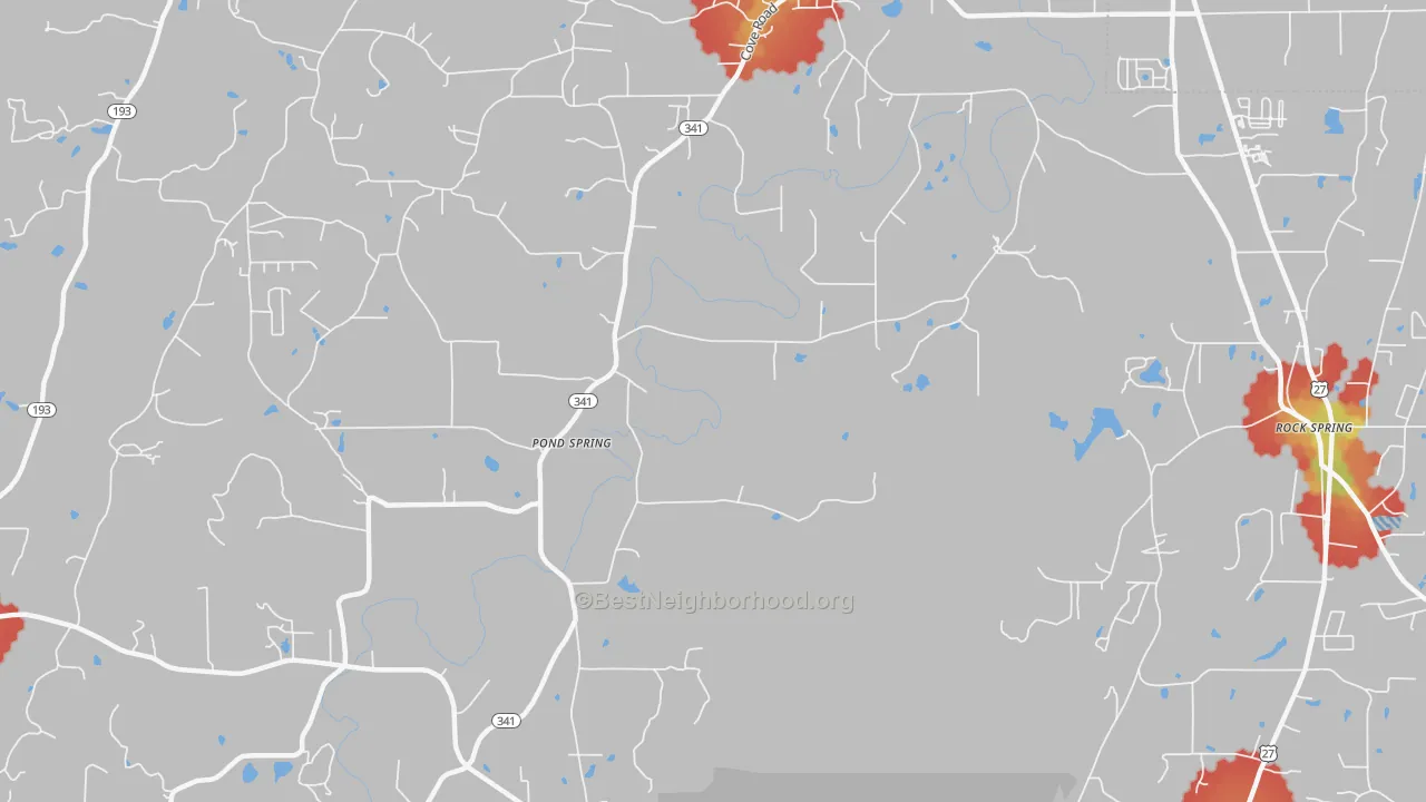 Walk Grade map of Pond Spring, GA, walkable areas in green and car-dependent areas in red