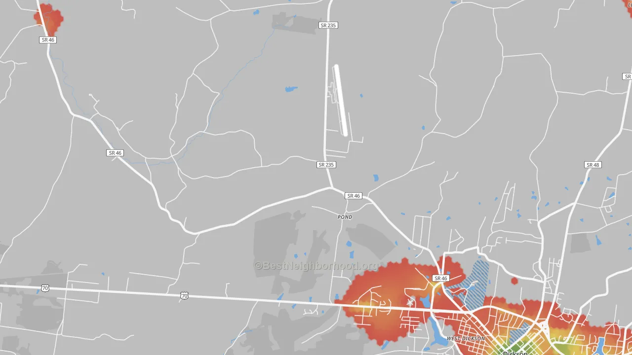 Walk Grade map of Pond, TN, walkable areas in green and car-dependent areas in red