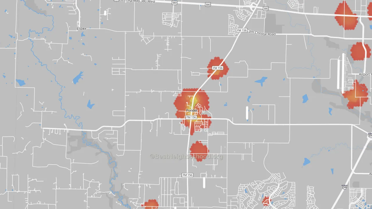 Walk Grade map of Ponder, TX, walkable areas in green and car-dependent areas in red