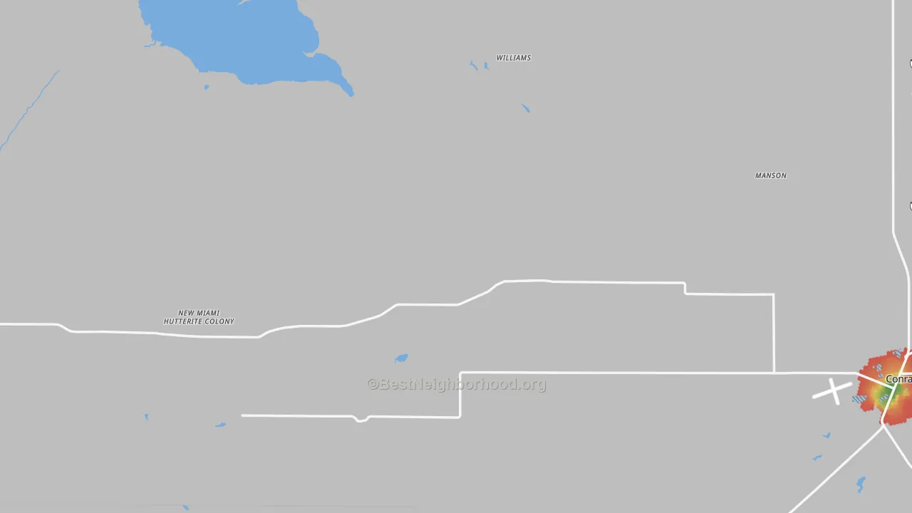 Walk Grade map of Pondera County, MT, walkable areas in green and car-dependent areas in red