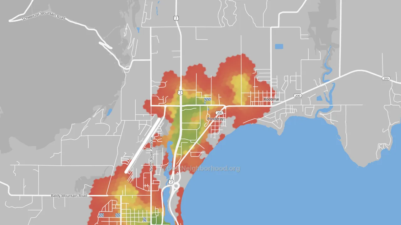 Walk Grade map of Ponderay, ID, walkable areas in green and car-dependent areas in red