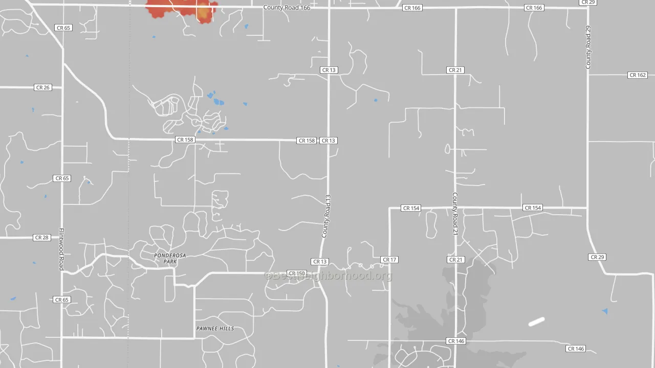 Walk Grade map of Ponderosa Park, CO, walkable areas in green and car-dependent areas in red
