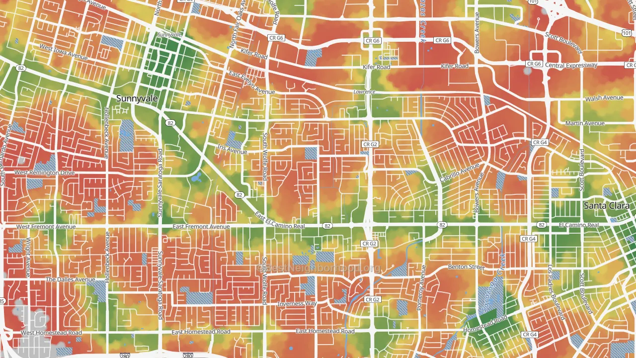 Walk Grade map of Ponderosa Park, Sunnyvale, CA, walkable areas in green and car-dependent areas in red