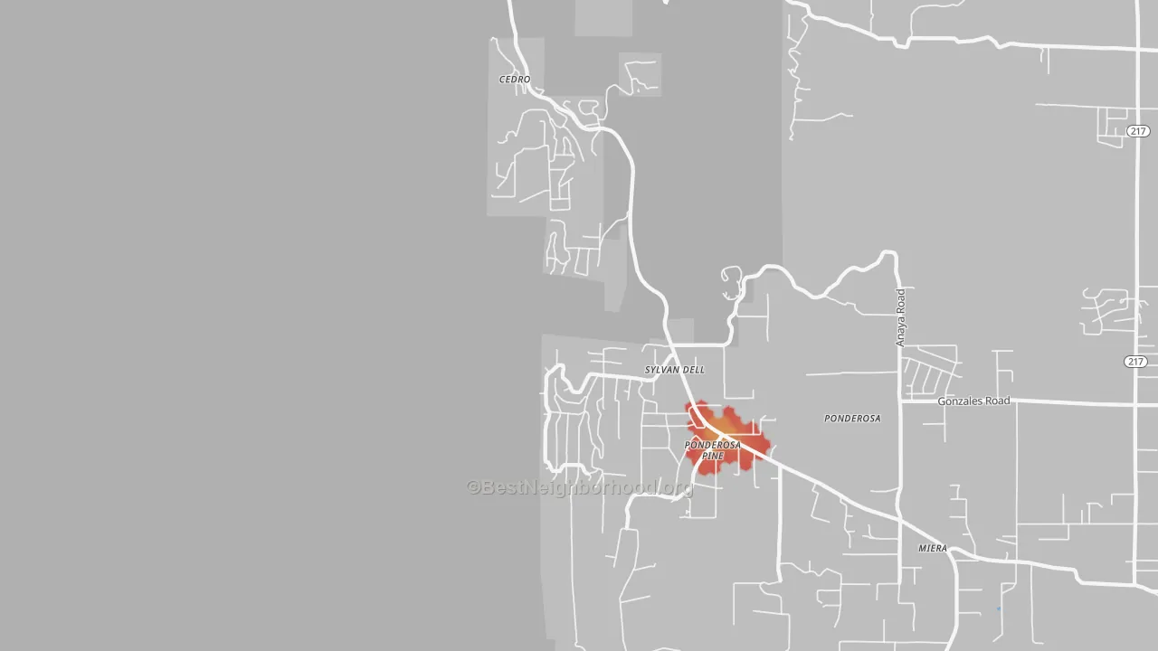 Walk Grade map of Ponderosa Pine, NM, walkable areas in green and car-dependent areas in red