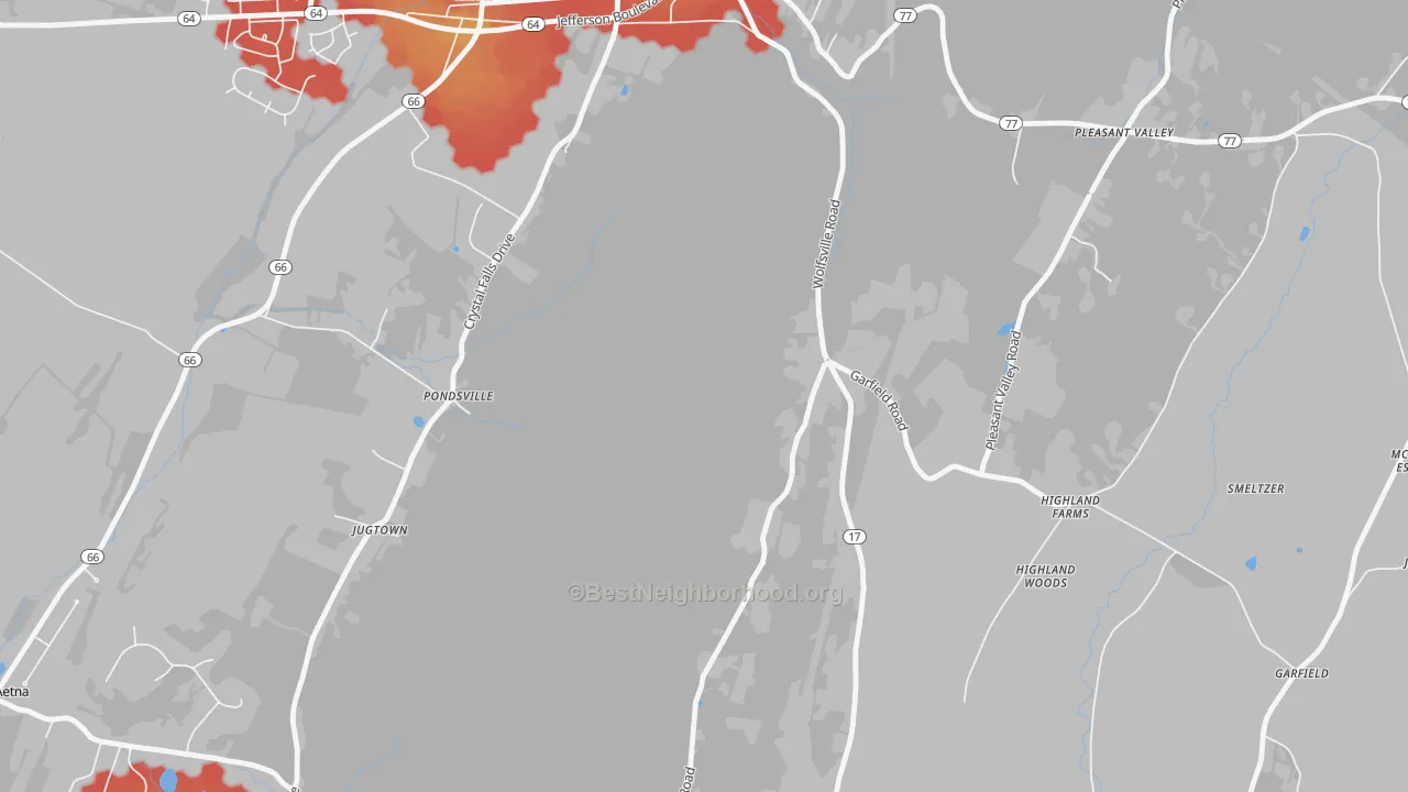 Walk Grade map of Pondsville, MD, walkable areas in green and car-dependent areas in red